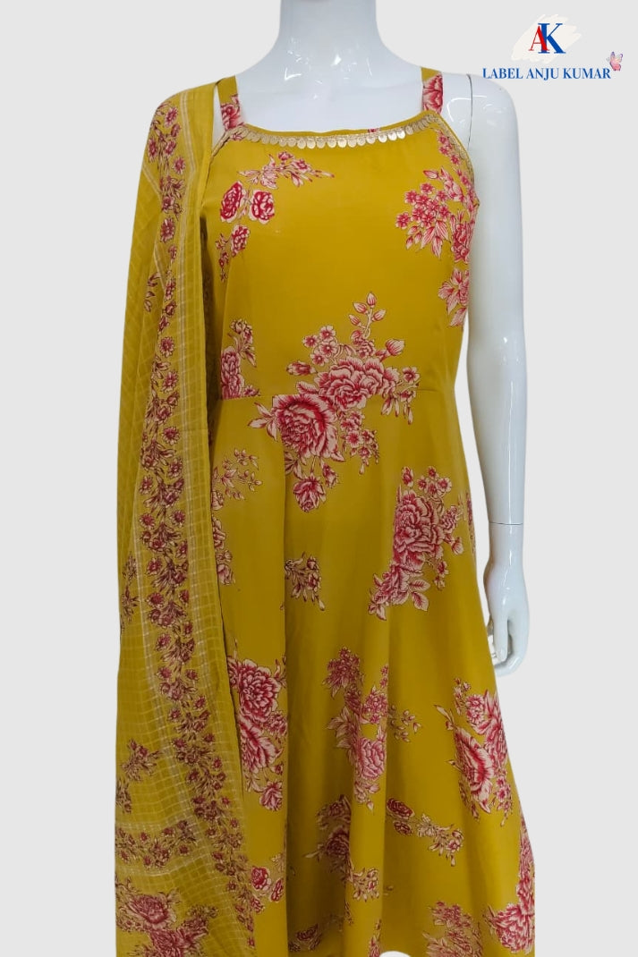 Mustard Pure Cotton Spaghetti Style Anarkali Suit Dupatta Set