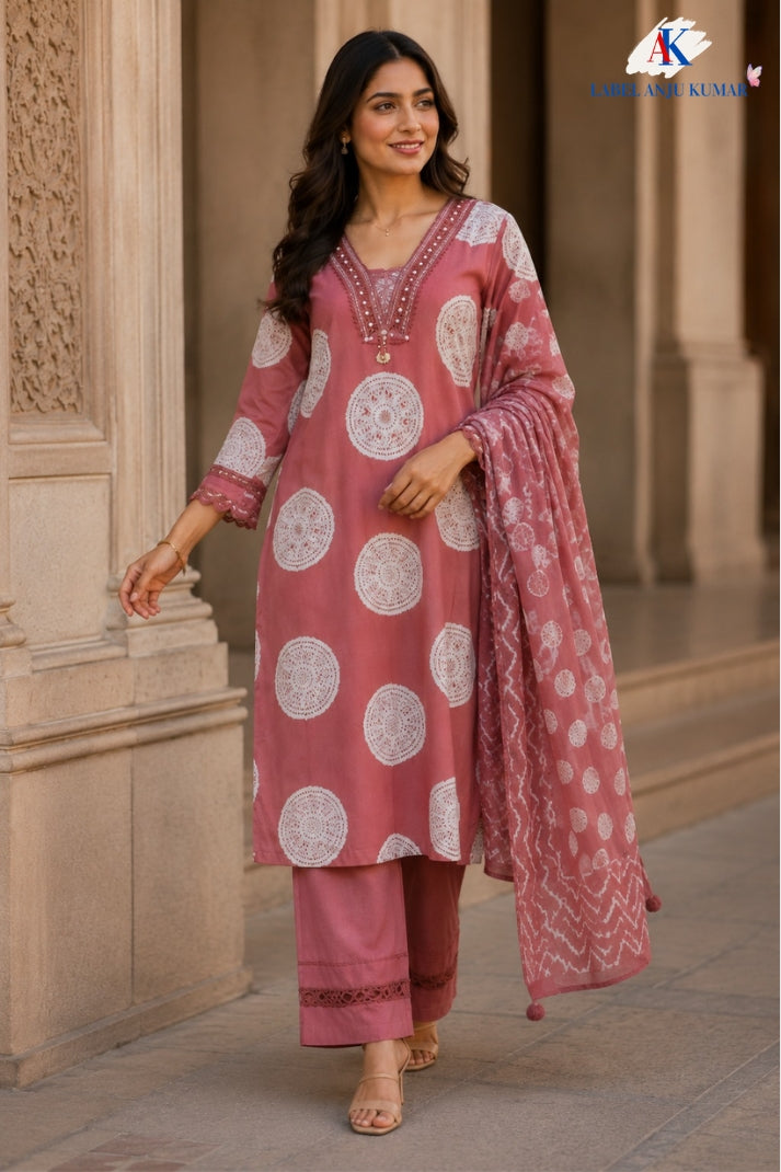 Dusty Pink Pure Cotton Straight Suit Dupatta Set with Mirror Work