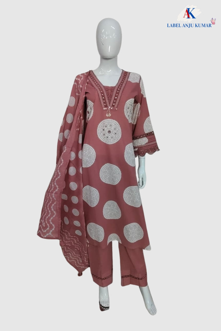 Dusty Pink Pure Cotton Straight Suit Dupatta Set with Mirror Work