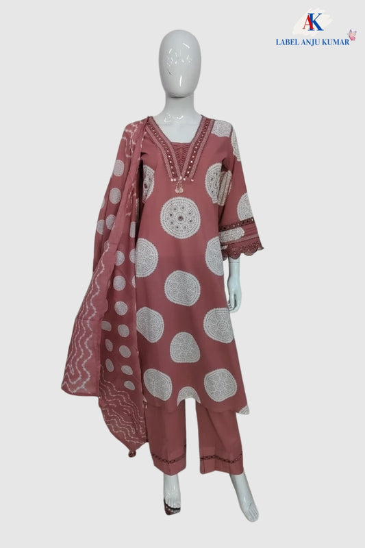 Dusty Pink Pure Cotton Straight Suit Dupatta Set with Mirror Work