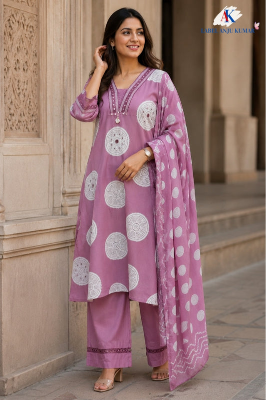 Lilac Pure Cotton Straight Suit Dupatta Set for Women