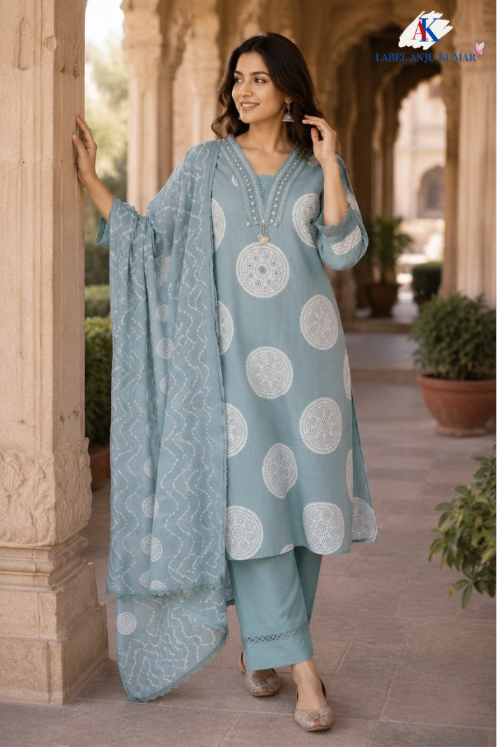 Dusty Blue Pure Cotton Suit Set with Mal Dupatta