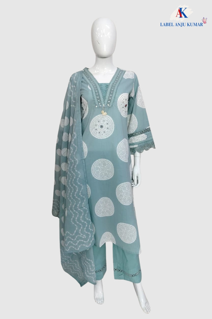 Dusty Blue Pure Cotton Suit Set with Mal Dupatta