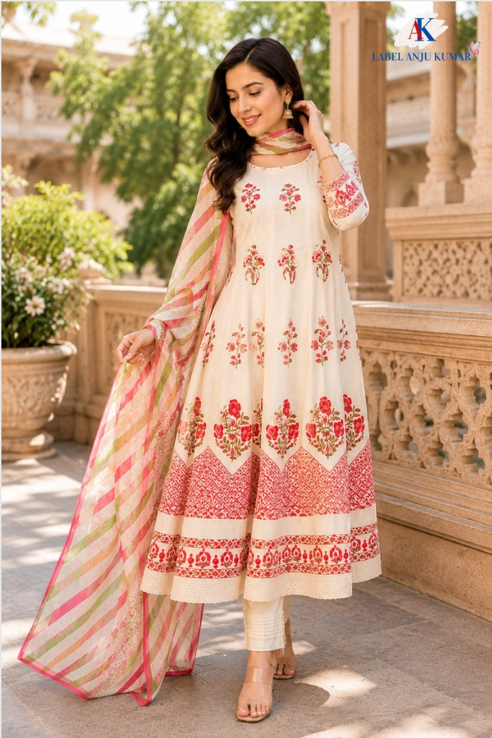 Mauve Cotton Anarkali Suit Dupatta Set with Chikankari Detailing