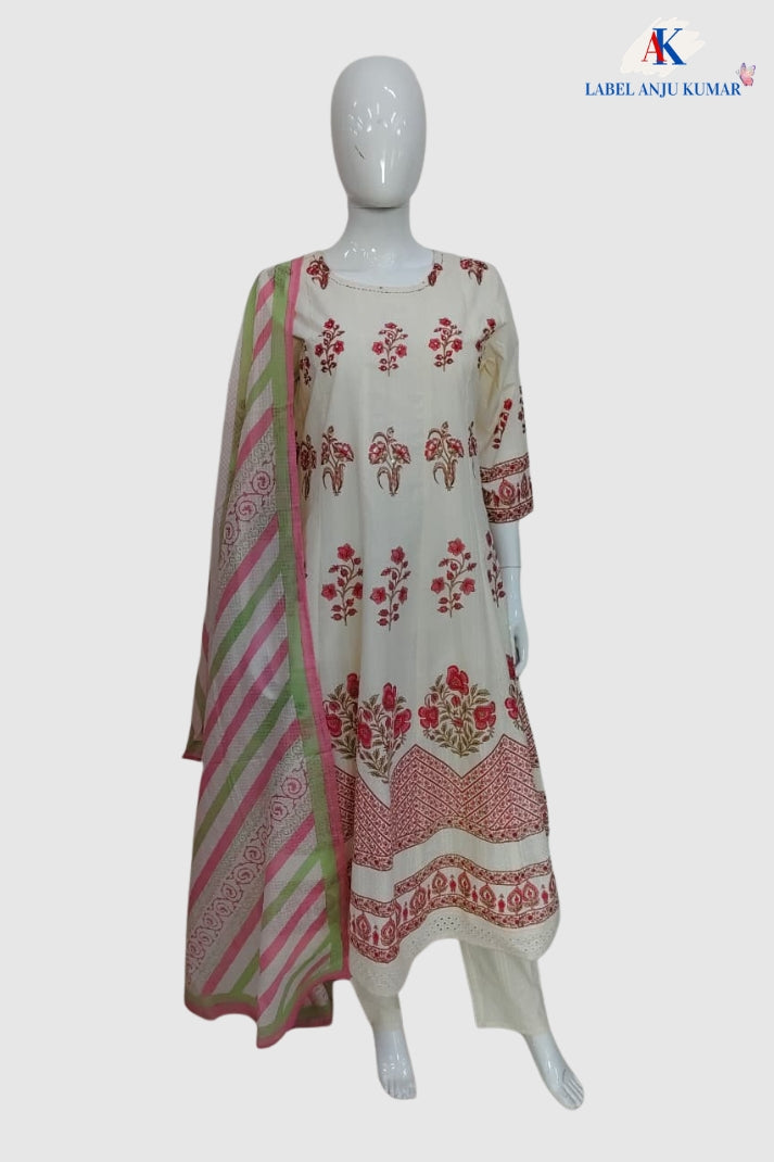 Mauve Cotton Anarkali Suit Dupatta Set with Chikankari Detailing