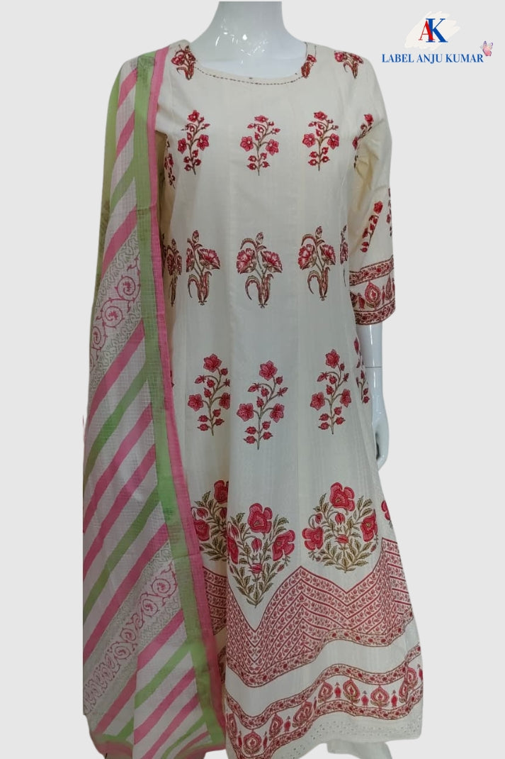 Mauve Cotton Anarkali Suit Dupatta Set with Chikankari Detailing