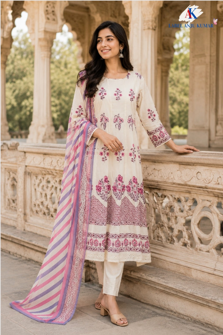 Pink Cotton Anarkali Suit Set with Hand Block Print & Kota Doria Dupatta