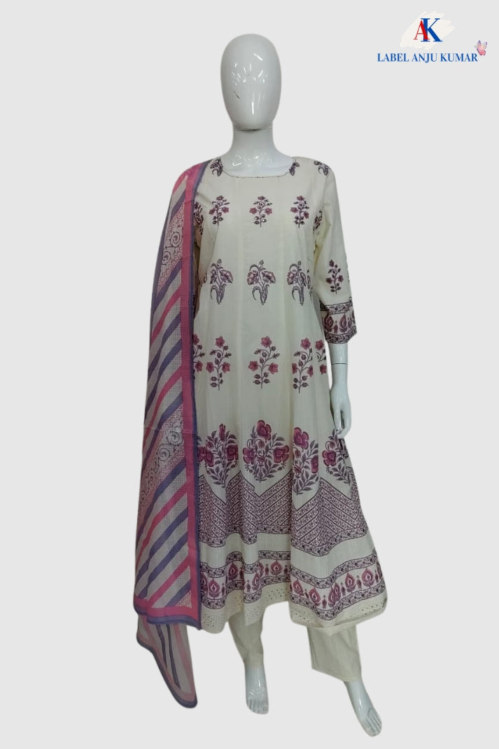 Pink Cotton Anarkali Suit Set with Hand Block Print & Kota Doria Dupatta