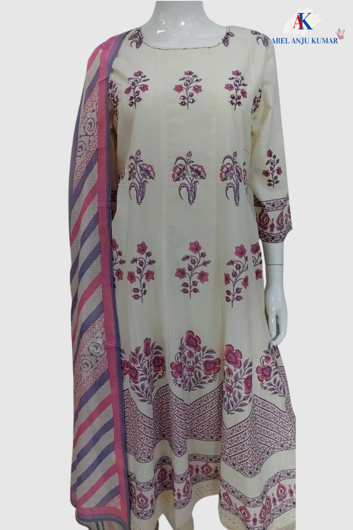 Pink Cotton Anarkali Suit Set with Hand Block Print & Kota Doria Dupatta