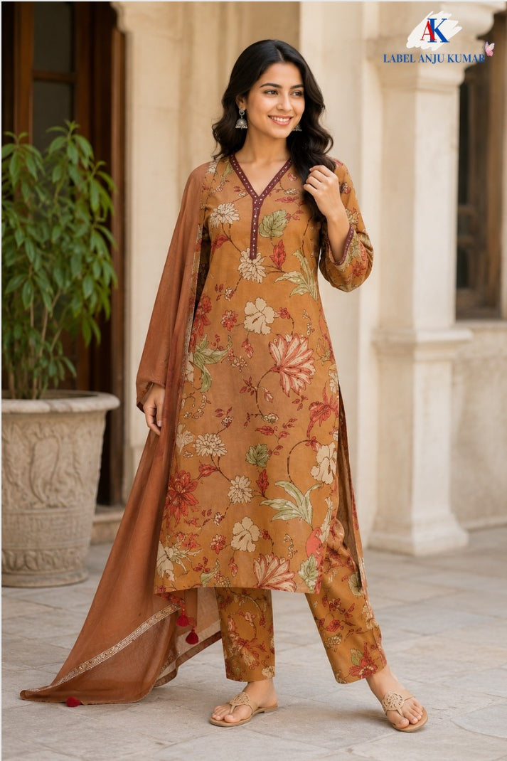 Rust Pure Cotton Suit Dupatta Set with Printed Trousers