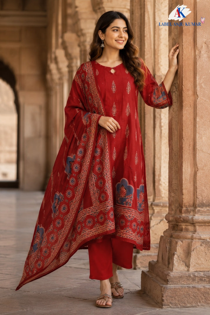 Rust Cotton Anarkali Suit Dupatta Set for Women
