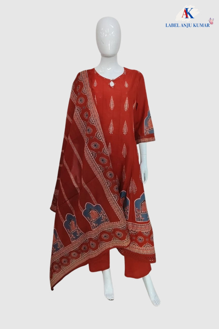 Rust Cotton Anarkali Suit Dupatta Set for Women