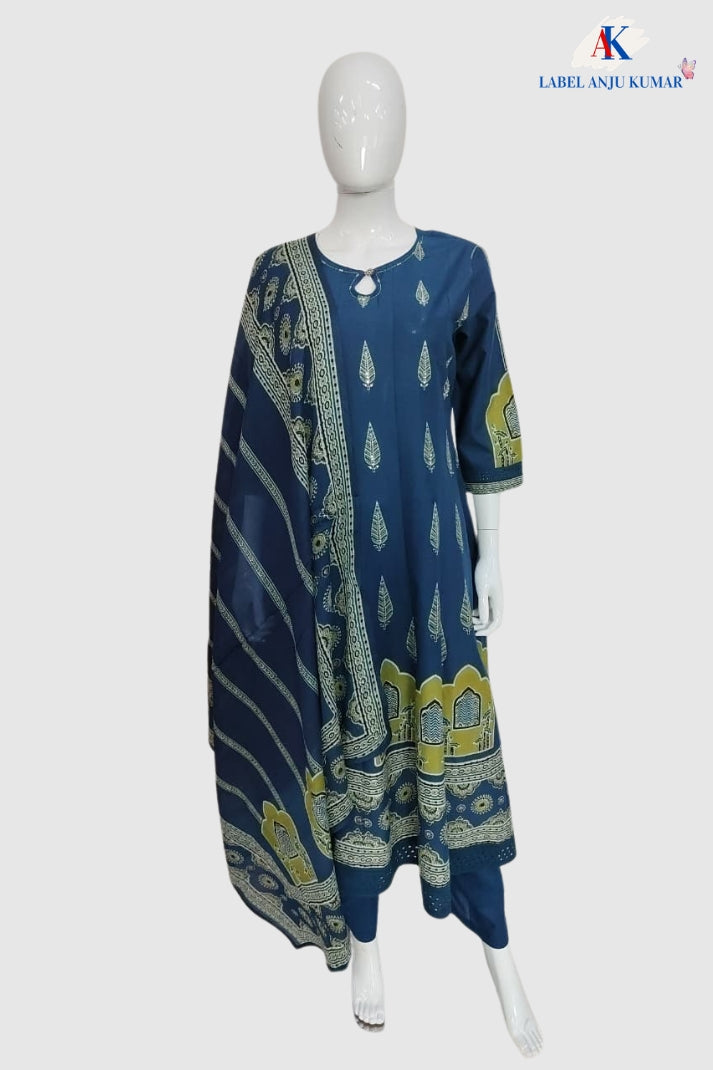 Navy Blue Cotton Anarkali Suit Set with Block Print & Chikankari