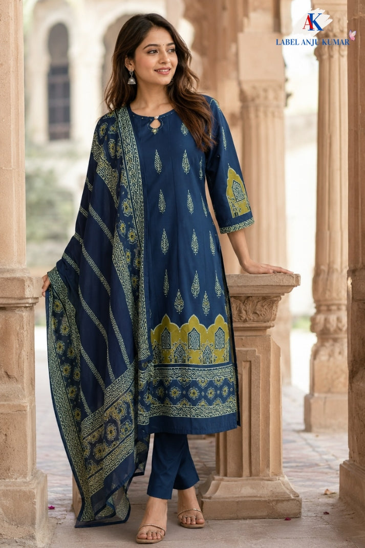 Navy Blue Cotton Anarkali Suit Set with Block Print & Chikankari