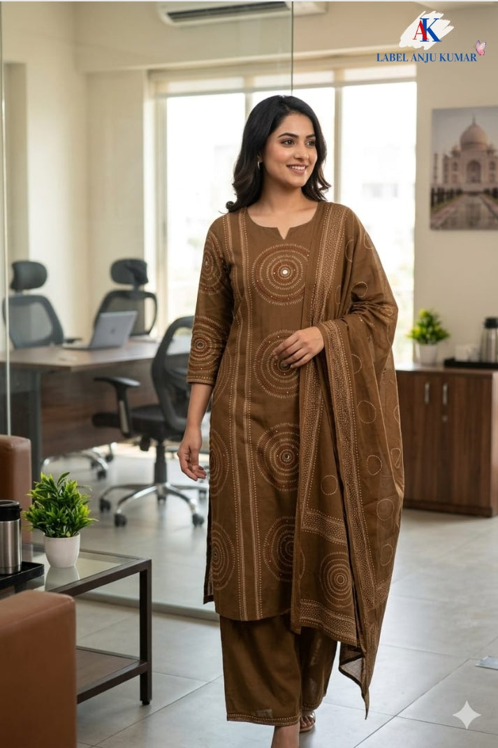 Brown Pure Cotton Suit Set with Handcrafted Dori Work