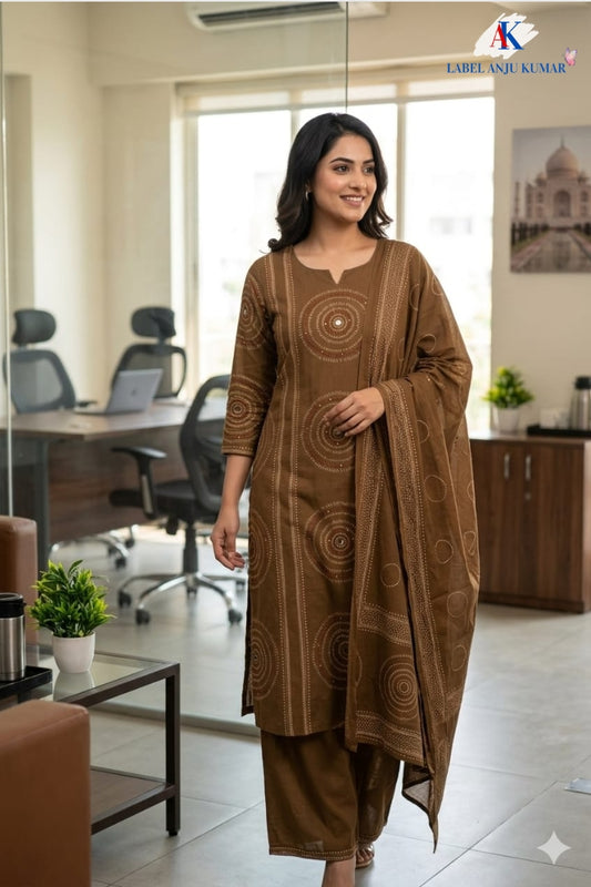 Brown Pure Cotton Suit Set with Handcrafted Dori Work