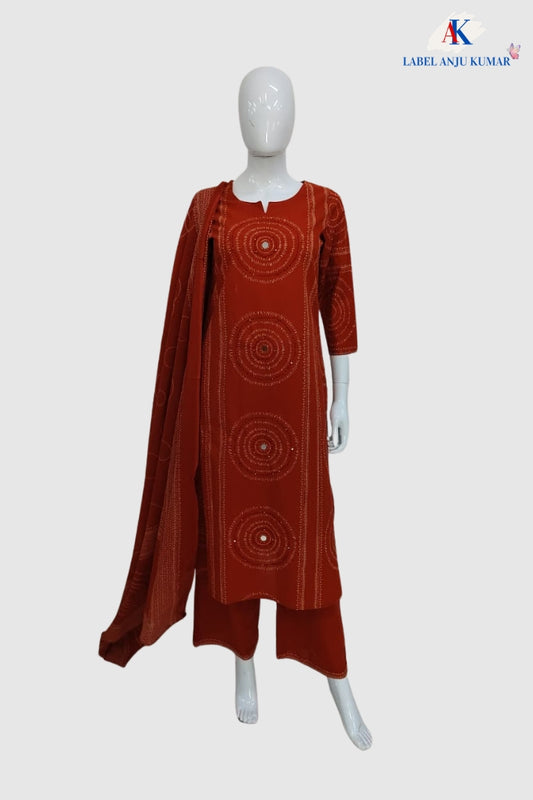 Rust Pure Cotton Suit Dupatta Set with Mirror Detailing