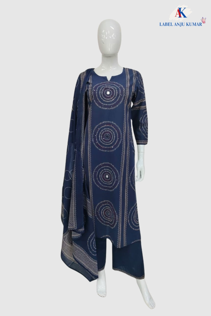 Navy Blue Pure Cotton Straight Suit Dupatta Set with Mirror Work