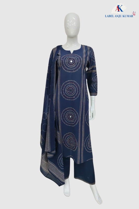 Navy Blue Pure Cotton Straight Suit Dupatta Set with Mirror Work