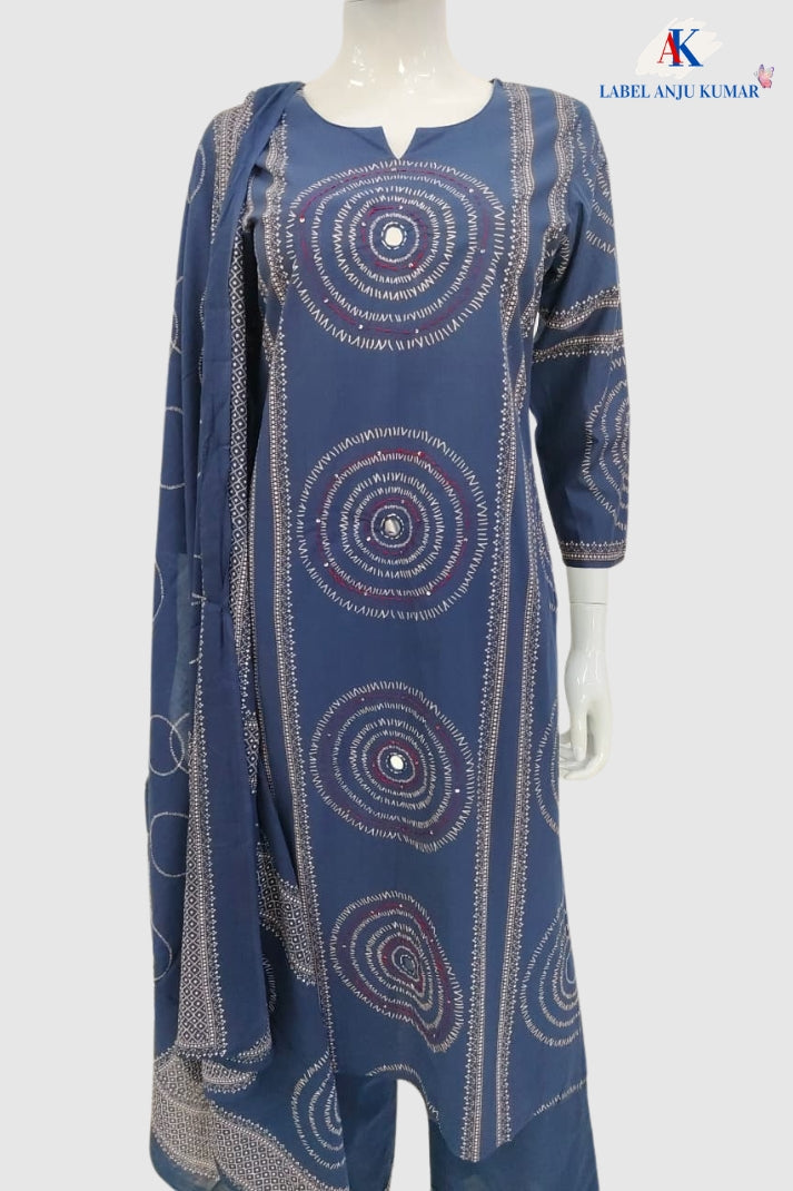 Navy Blue Pure Cotton Straight Suit Dupatta Set with Mirror Work