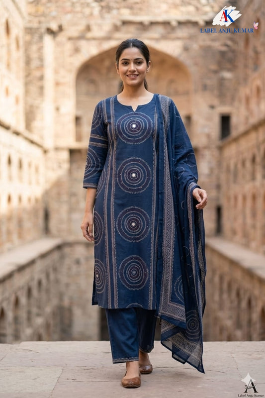 Navy Blue Pure Cotton Straight Suit Dupatta Set with Mirror Work