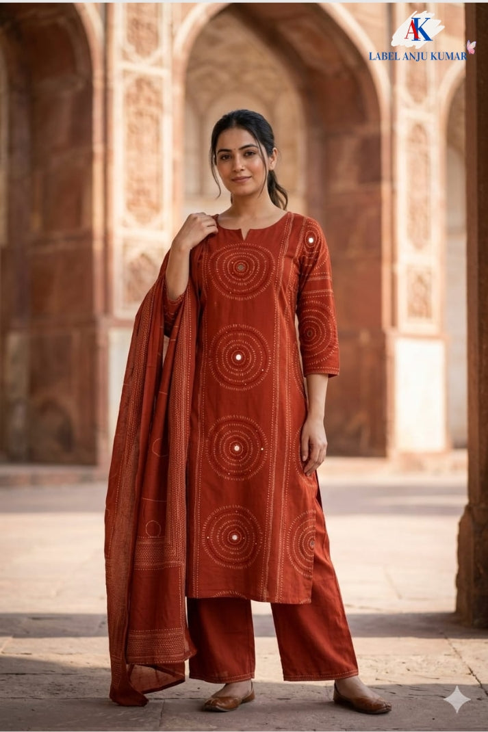Rust Pure Cotton Suit Dupatta Set with Mirror Detailing