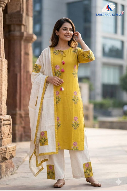 Mustard Pure Cotton Floral Print Straight Suit Dupatta Set
