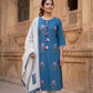 Royal Blue Pure Cotton Floral Suit Set with Kota Doriya Dupatta