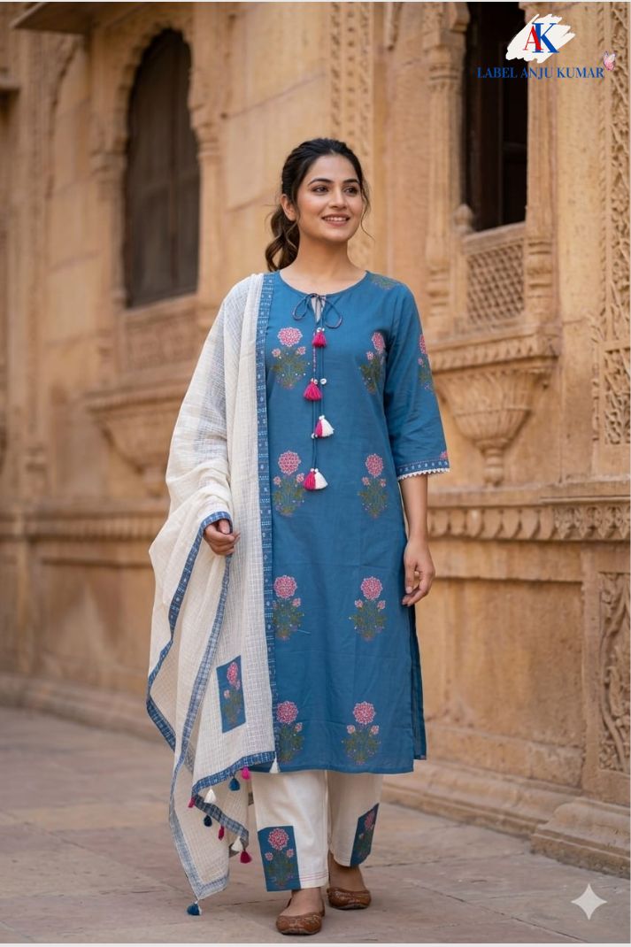 Royal Blue Pure Cotton Floral Suit Set with Kota Doriya Dupatta