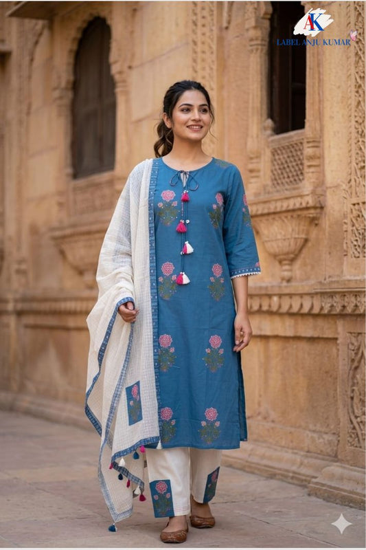 Royal Blue Pure Cotton Floral Suit Set with Kota Doriya Dupatta