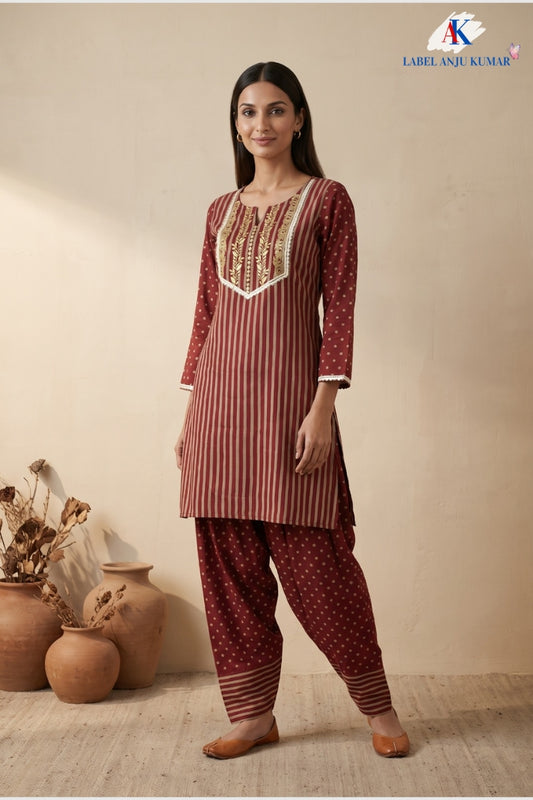 Mehroon Pure Cotton Farshi Salwar Co-ord Set with Embroidery