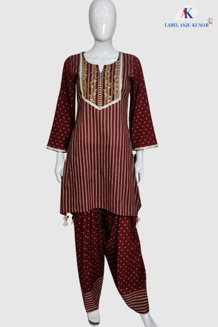 Mehroon Pure Cotton Farshi Salwar Co-ord Set with Embroidery