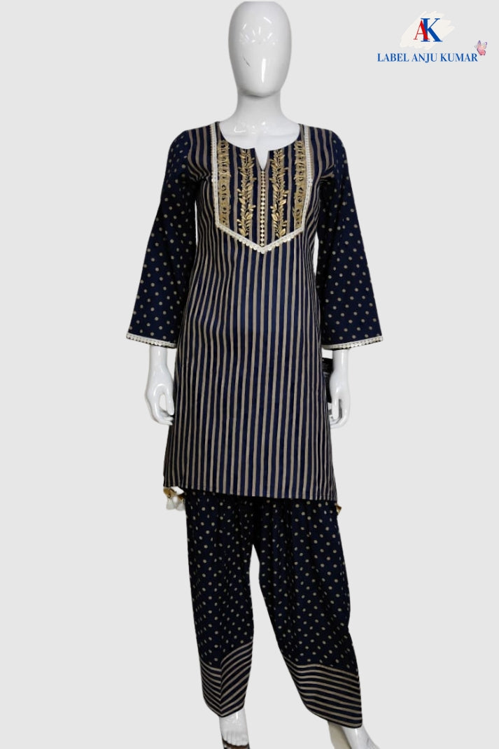 Navy Blue Pure Cotton Printed Farshi Salwar Co-ord Set