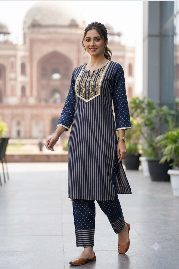 Navy Blue Pure Cotton Printed Farshi Salwar Co-ord Set