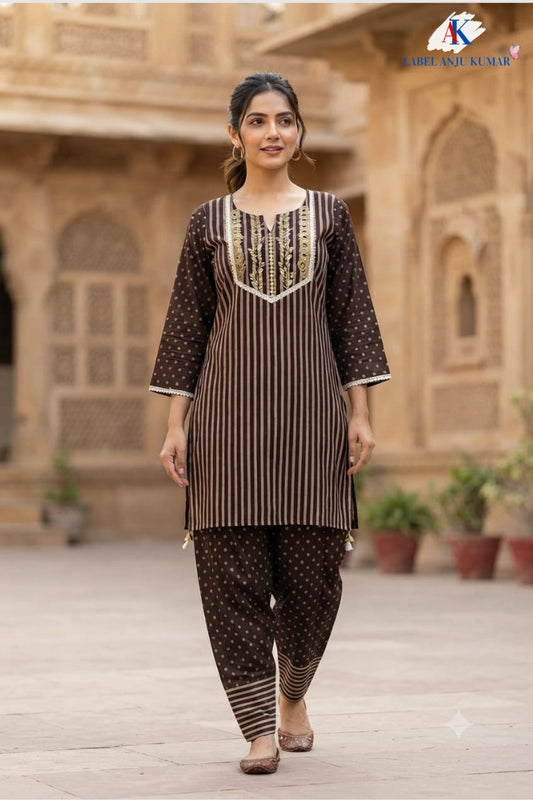 Brown Pure Cotton Viral Farshi Salwar Co-ord Set