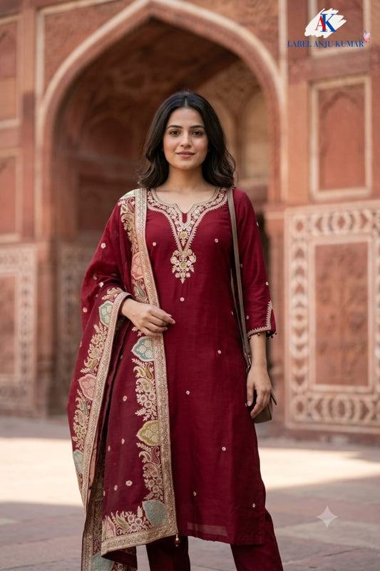 Maroon Silk Straight Suit with Banarasi Jamdani Dupatta & Zardozi Work