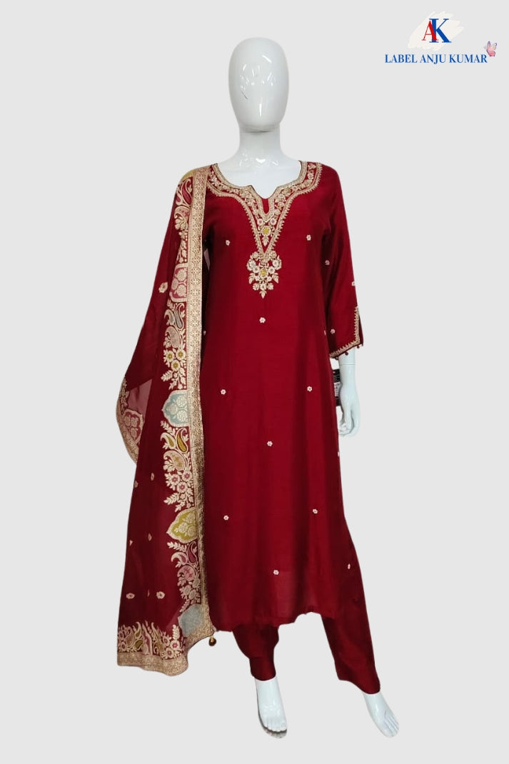 Maroon Silk Straight Suit with Banarasi Jamdani Dupatta & Zardozi Work