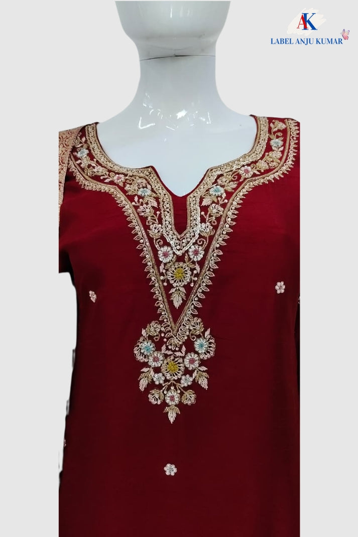 Maroon Silk Straight Suit with Banarasi Jamdani Dupatta & Zardozi Work