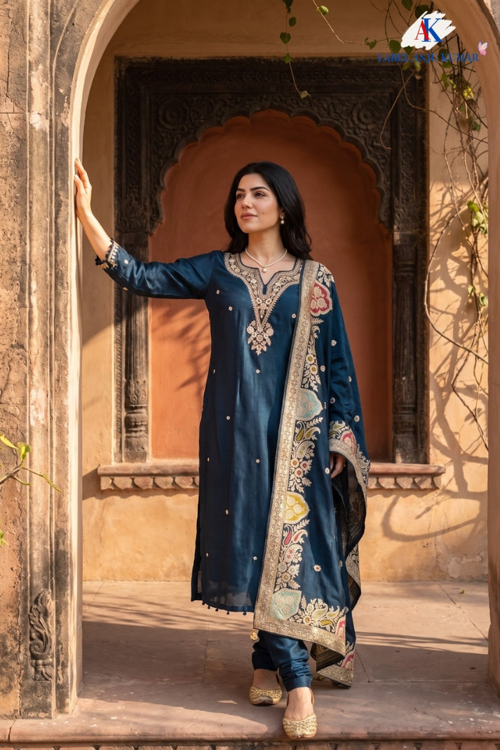 Navy Blue Semi-Formal Silk Straight Suit with Banarasi Dupatta