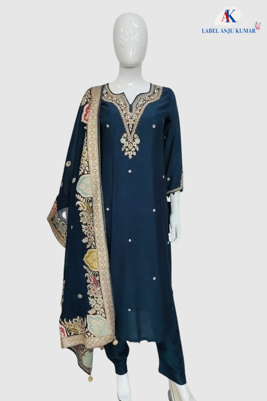 Navy Blue Semi-Formal Silk Straight Suit with Banarasi Dupatta
