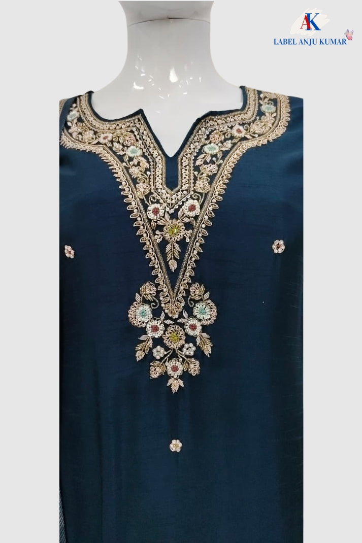 Navy Blue Semi-Formal Silk Straight Suit with Banarasi Dupatta