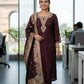 Wine Silk Designer Straight Suit with Banarasi Jamdani Dupatta