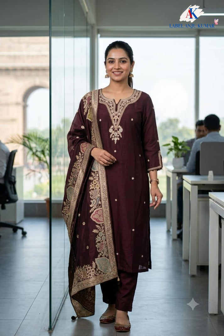 Wine Silk Designer Straight Suit with Banarasi Jamdani Dupatta