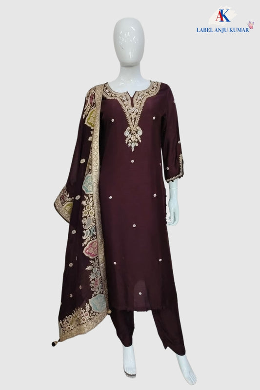 Wine Silk Designer Straight Suit with Banarasi Jamdani Dupatta