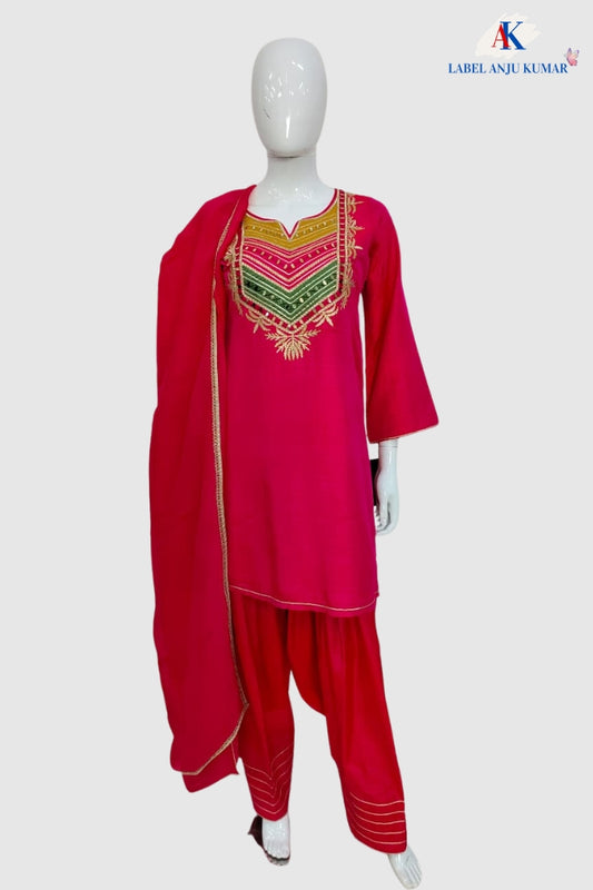 Magenta Crepe Silk Semi-Formal Farshi Salwar Suit with Organza Dupatta
