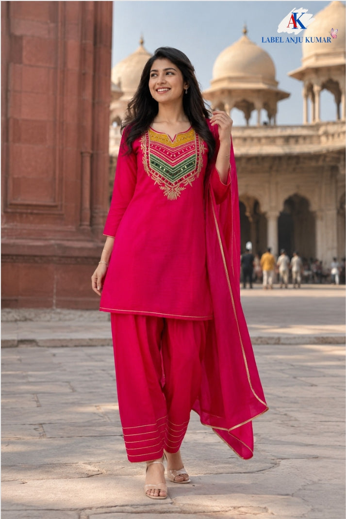 Magenta Crepe Silk Semi-Formal Farshi Salwar Suit with Organza Dupatta