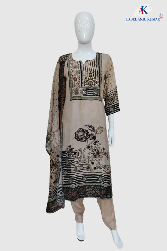 Beige Pure Natural Crepe Digital Print Suit with Chinnon Dupatta