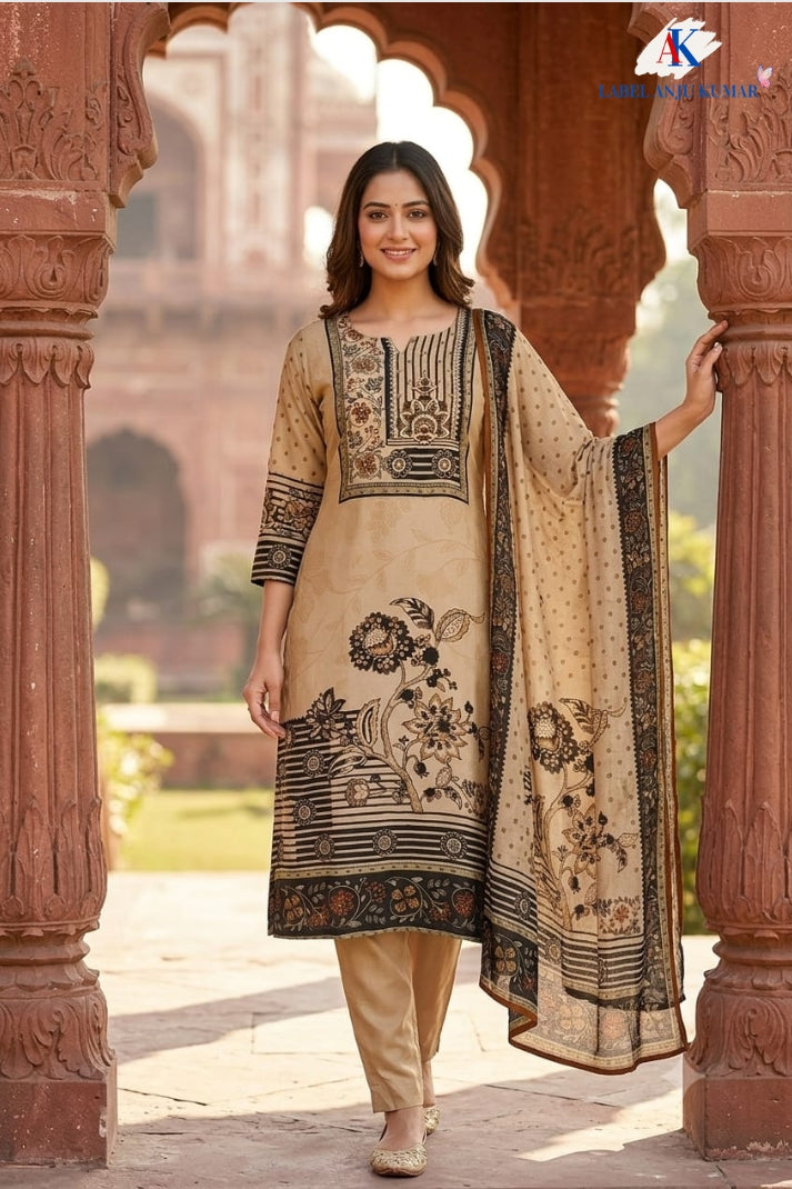 Beige Pure Natural Crepe Digital Print Suit with Chinnon Dupatta