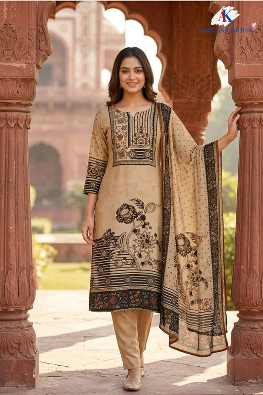 Beige Pure Natural Crepe Digital Print Suit with Chinnon Dupatta