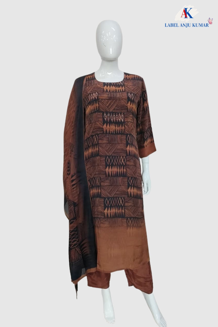 Rust Pure Natural Crepe Straight Suit Dupatta Set